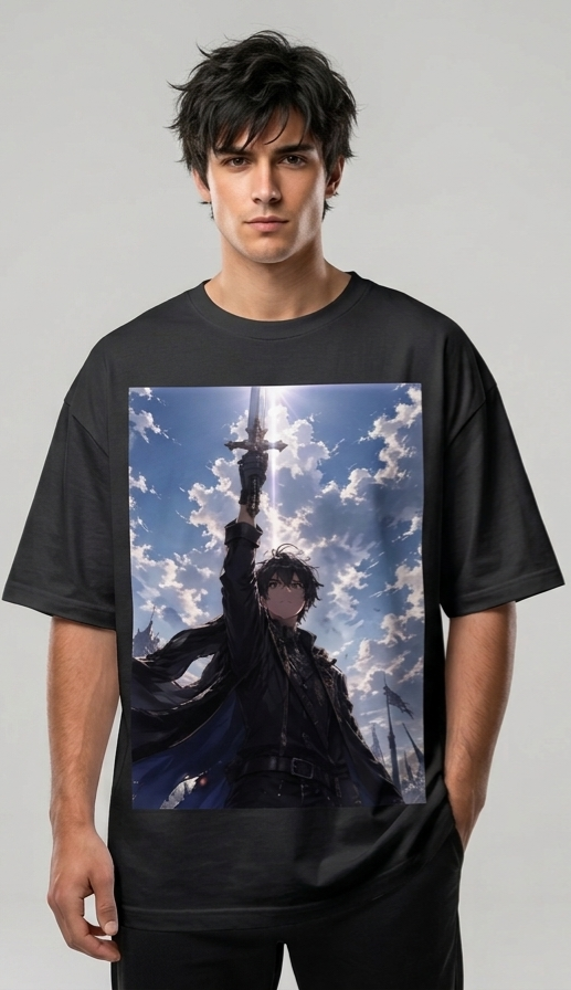 Black oversized unisex T-shirt worn by model, front square graphic print