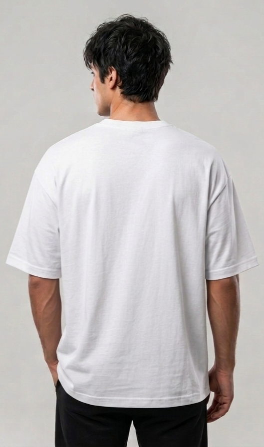 White oversized unisex T-shirt worn by model, plain back