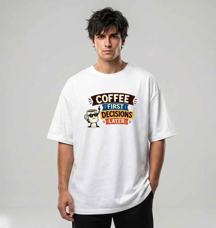 White oversized unisex T-shirt on model, front coffee slogan graphic