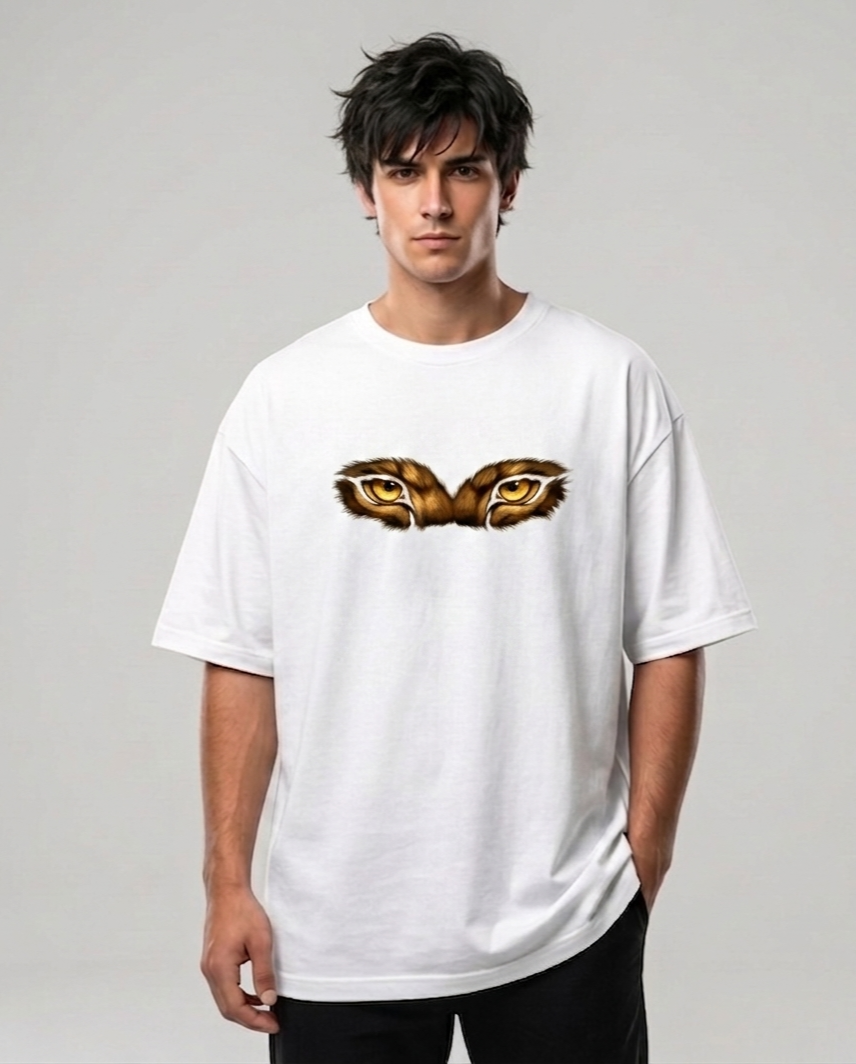 White oversized T-shirt worn by model, tiger eyes graphic on chest.
