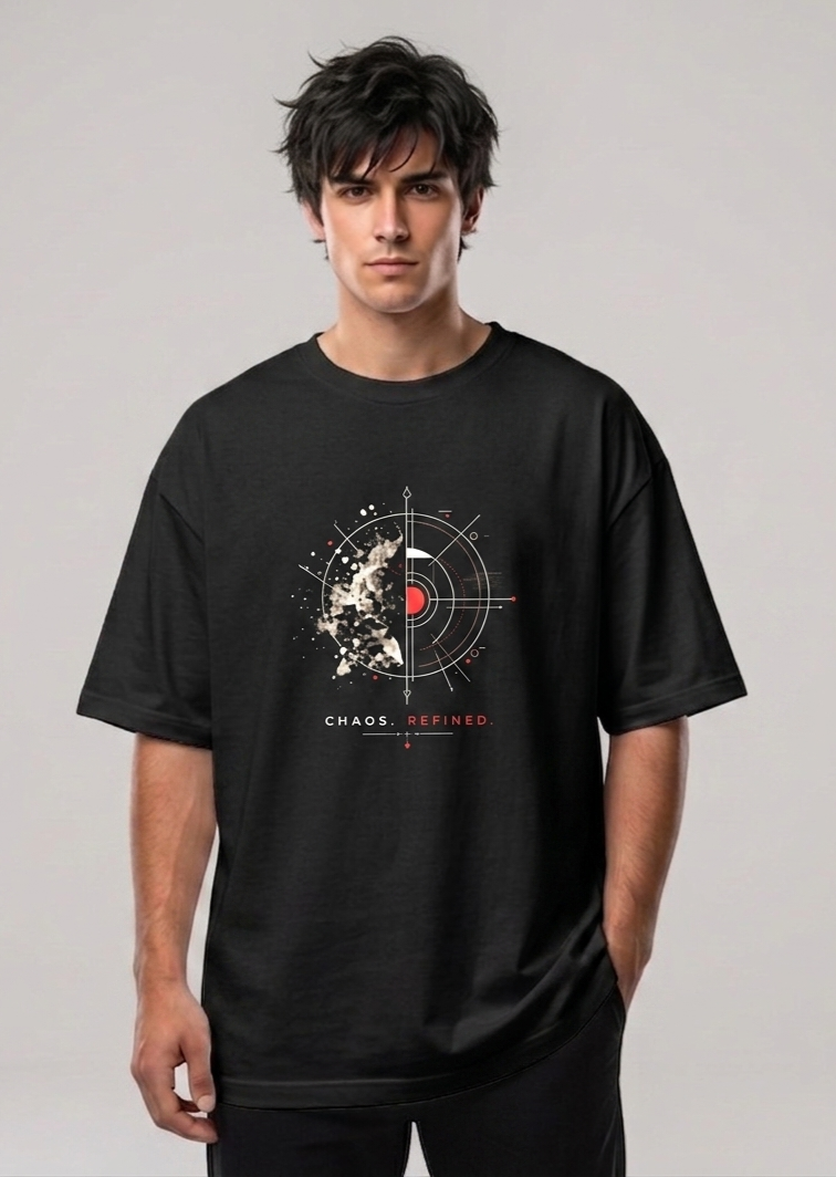 Black oversized unisex T-shirt with front graphic, short sleeves and crew neck