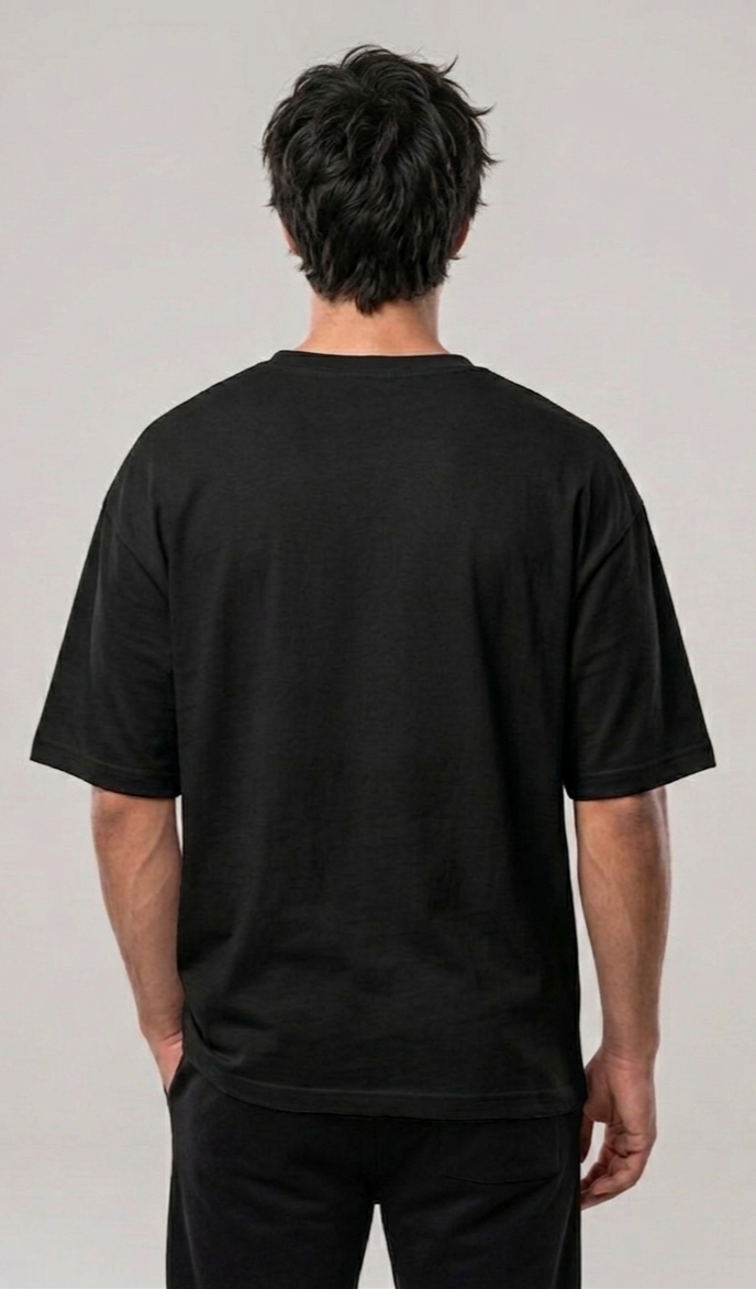 Black oversized unisex T-shirt back view, short sleeves and crew neck