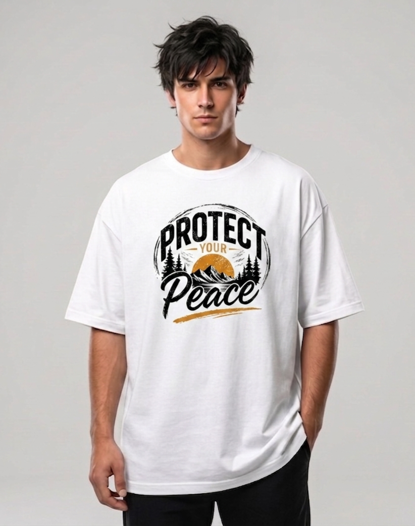 White oversized unisex T-shirt on model with front peace graphic and crew neckline