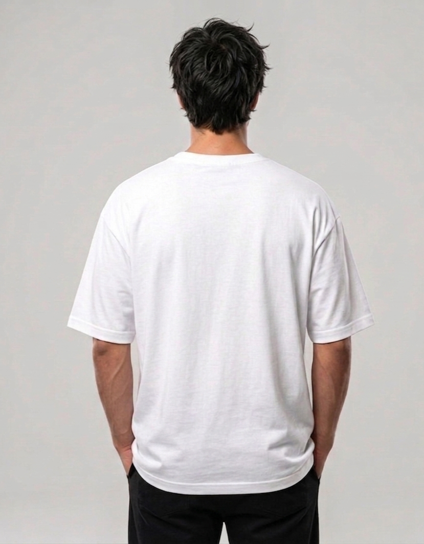 White oversized unisex T-shirt on model, plain back view with crew neckline