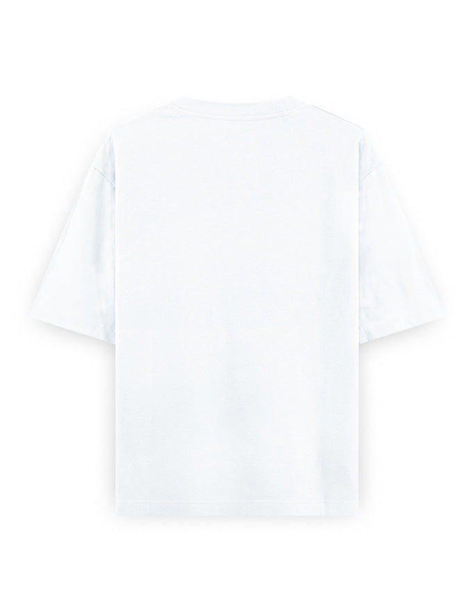 White oversized unisex T-shirt back view, plain crew neck and short sleeves