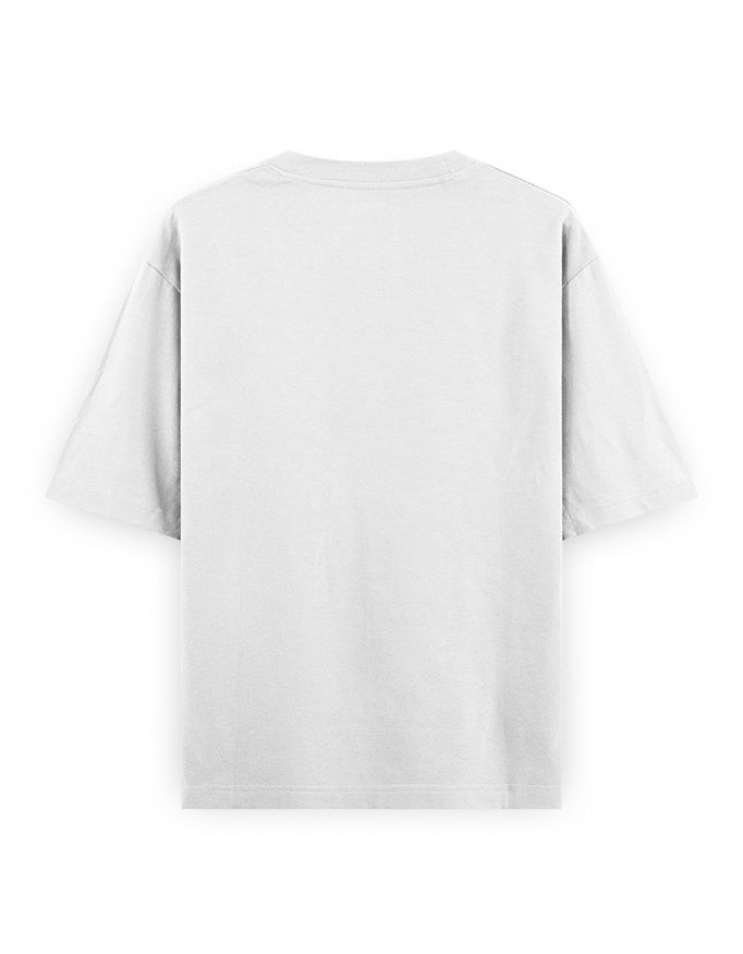 White oversized unisex T-shirt back view, plain with short sleeves and straight hem