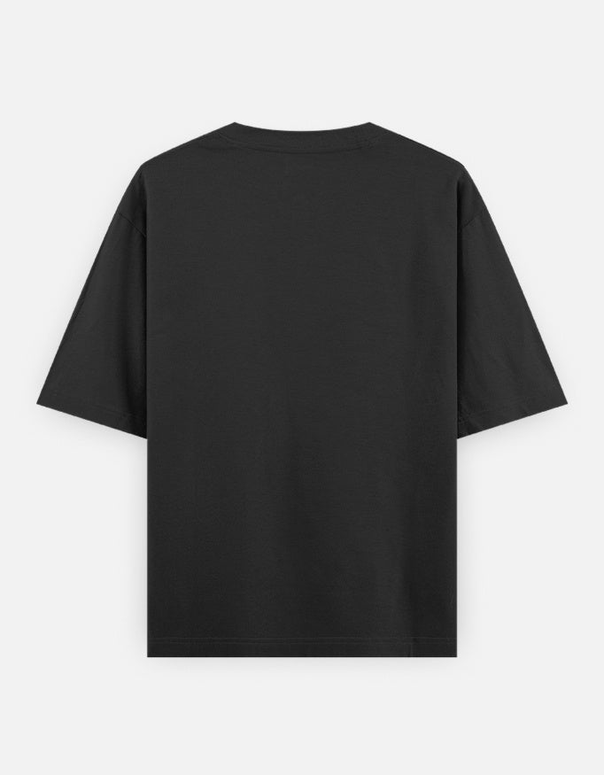 Black oversized unisex T-shirt back view, plain with crew neck