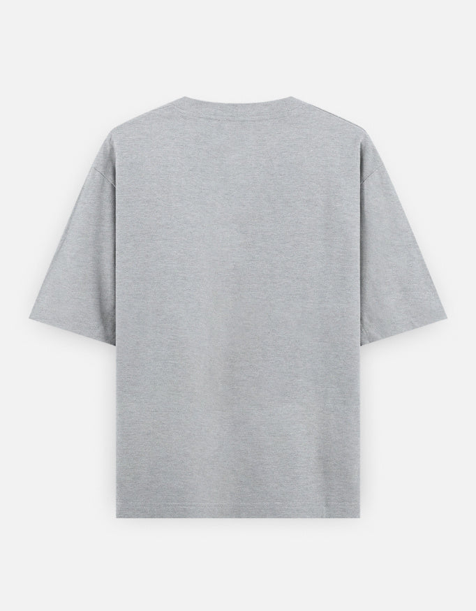 Grey melange oversized unisex T-shirt, plain back view with crew neckline