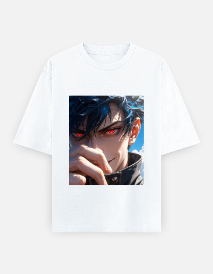 White oversized unisex t-shirt with red-eyed anime face front graphic
