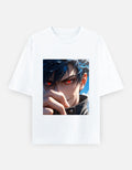 White oversized unisex t-shirt with red-eyed anime face front graphic