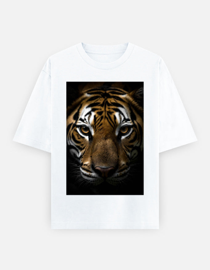 White oversized graphic T-shirt with tiger face print