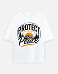 White oversized unisex T-shirt with front peace graphic and crew neckline