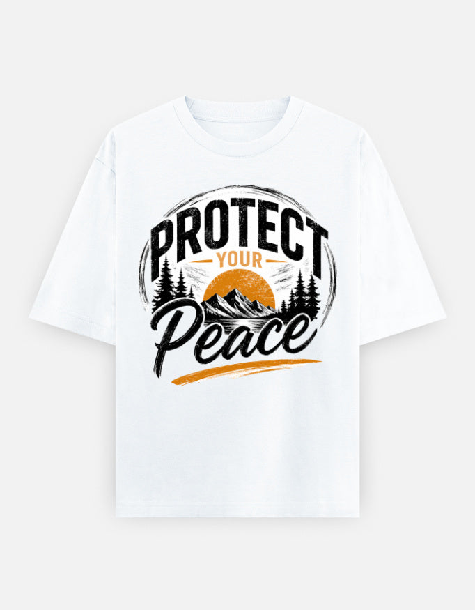 White oversized unisex T-shirt with front peace graphic and crew neckline