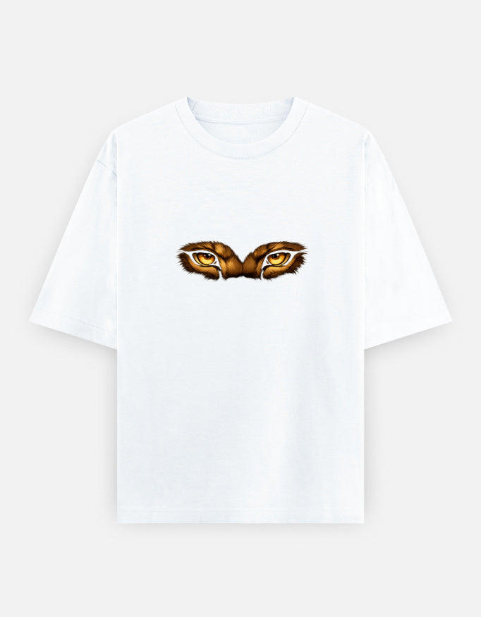 White oversized classic T-shirt with tiger eyes graphic on chest.