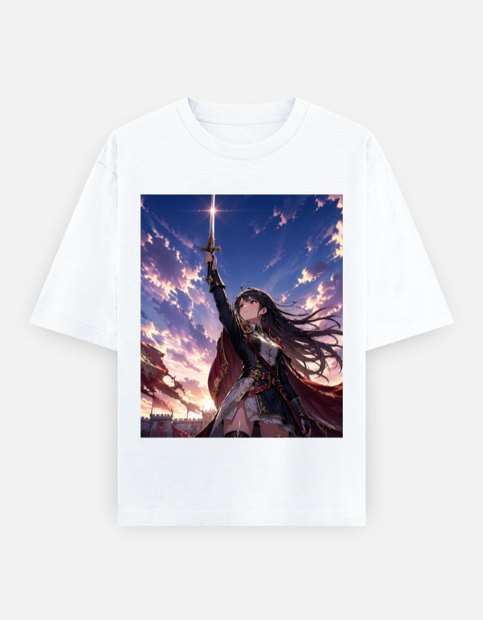 White unisex oversized t-shirt with square anime-style warrior graphic on front