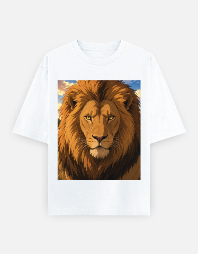 White oversized unisex T-shirt with anime lion front graphic
