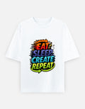 White oversized unisex T-shirt with front slogan graphic, crew neck.