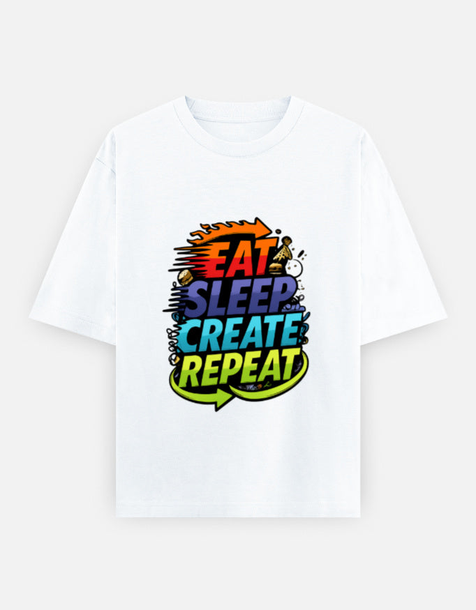 White oversized unisex T-shirt with front slogan graphic, crew neck.