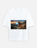 White unisex oversized T-shirt, crew neck, front rectangular graphic print