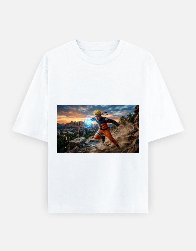 White unisex oversized T-shirt, crew neck, front rectangular graphic print