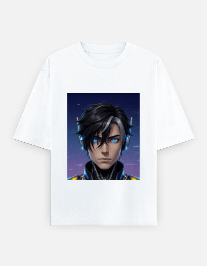 White oversized unisex T-shirt with front graphic portrait