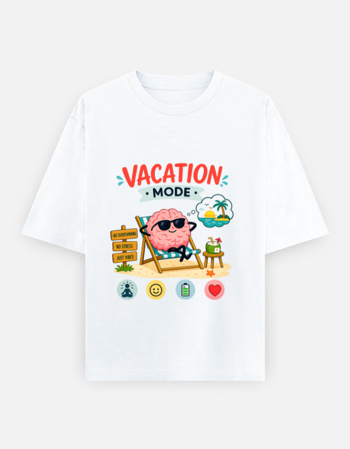 White oversized unisex T-shirt with colorful Vacation Mode graphic on front