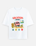 White oversized unisex T-shirt with colorful Vacation Mode graphic on front