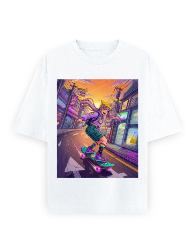 White oversized unisex T-shirt with centered colorful graphic print on front