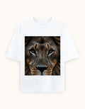 White oversized unisex t-shirt with square lion face graphic