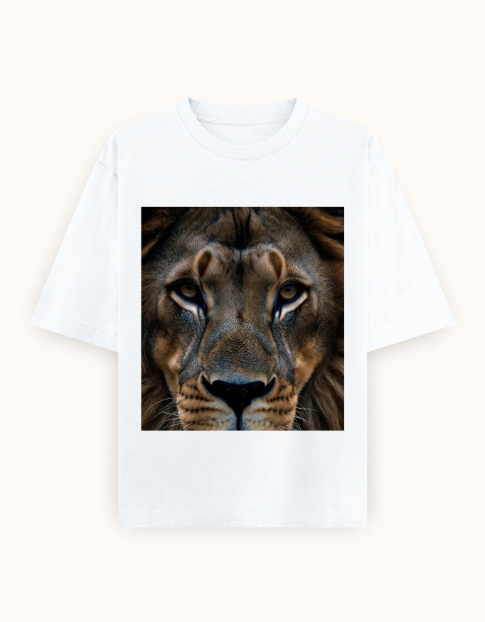 White oversized unisex t-shirt with square lion face graphic