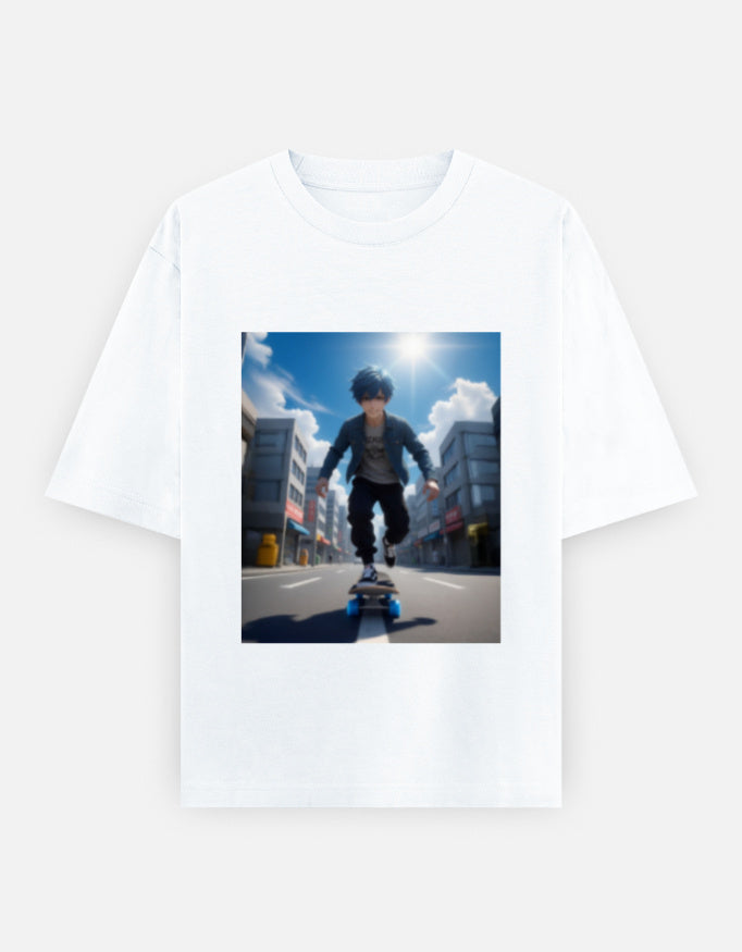 White oversized unisex T-shirt with printed front graphic and crew neck