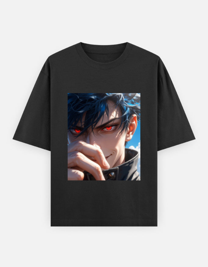 Black oversized unisex t-shirt with red-eyed anime face front graphic