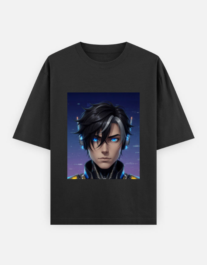 Black oversized unisex T-shirt with front graphic portrait
