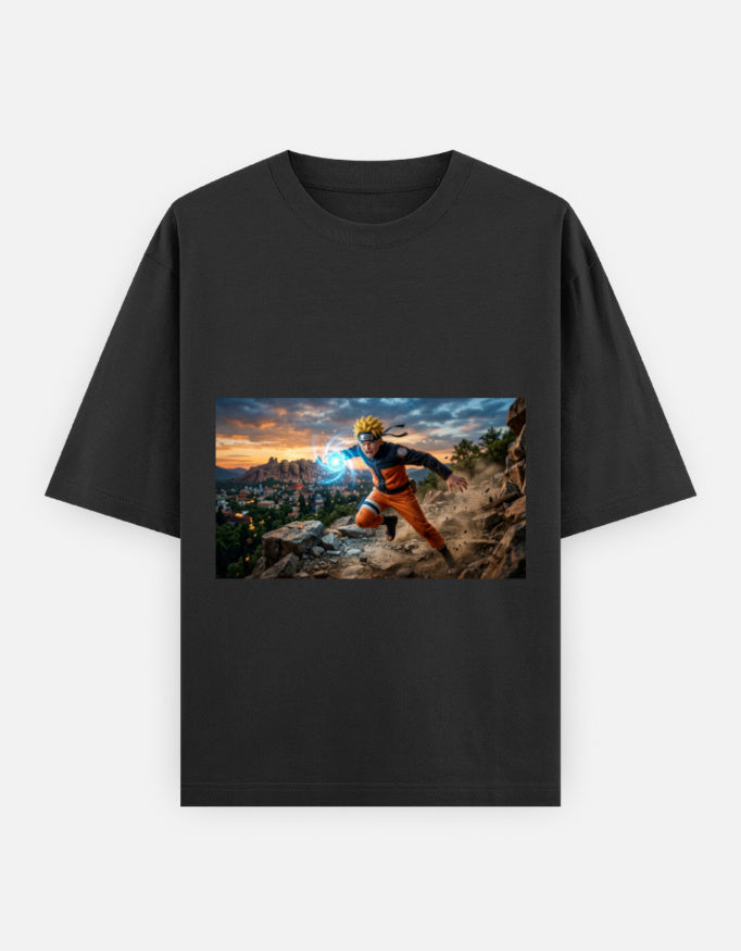 Black unisex oversized T-shirt, crew neck, front rectangular graphic print