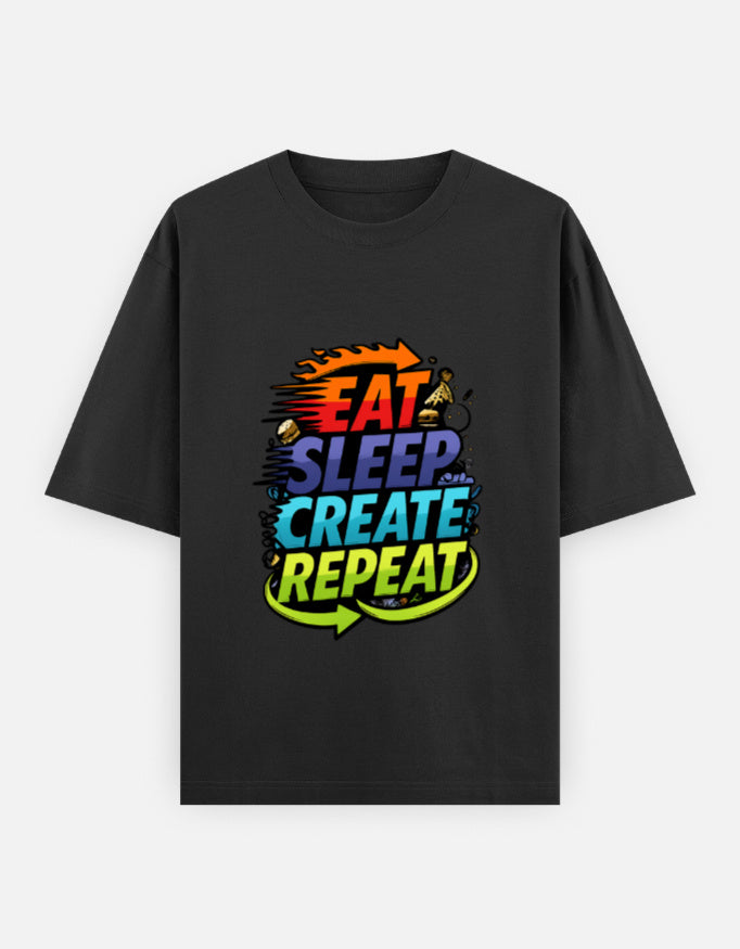 Black oversized unisex T-shirt with front slogan graphic, crew neck.