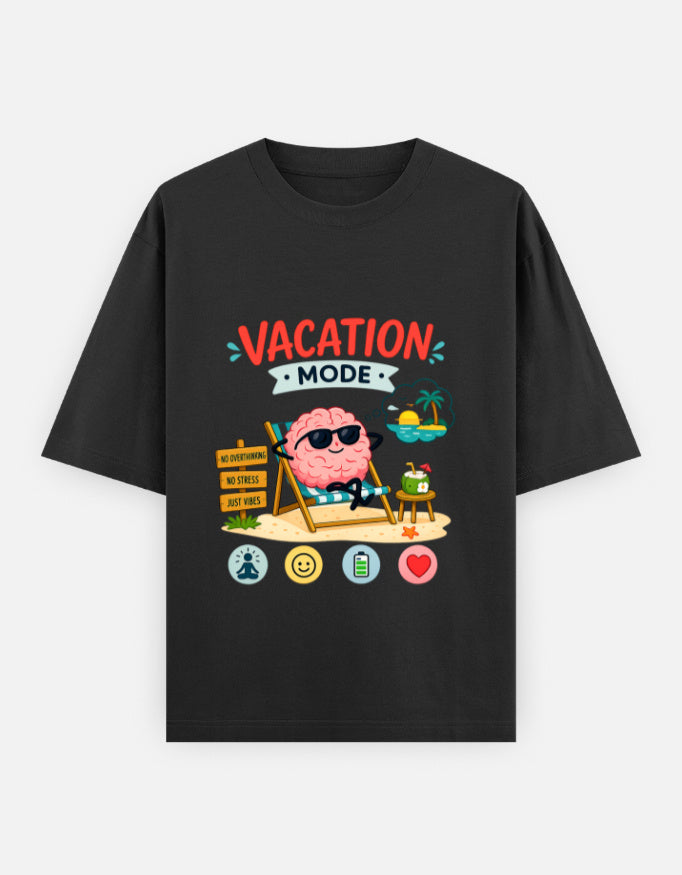 Black oversized unisex T-shirt with colorful Vacation Mode graphic on front