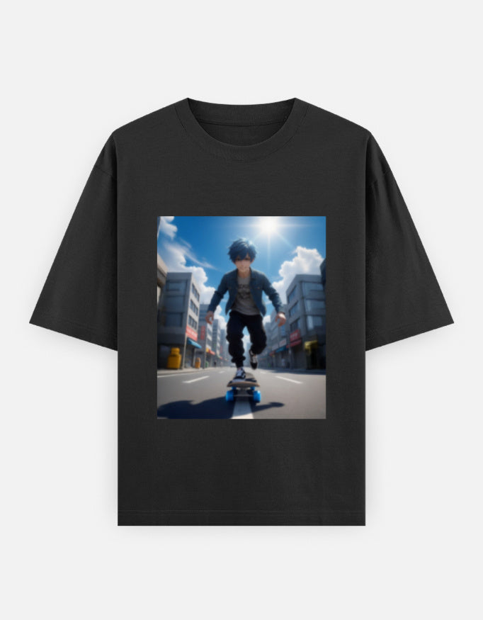 Black oversized unisex T-shirt with printed front graphic and crew neck