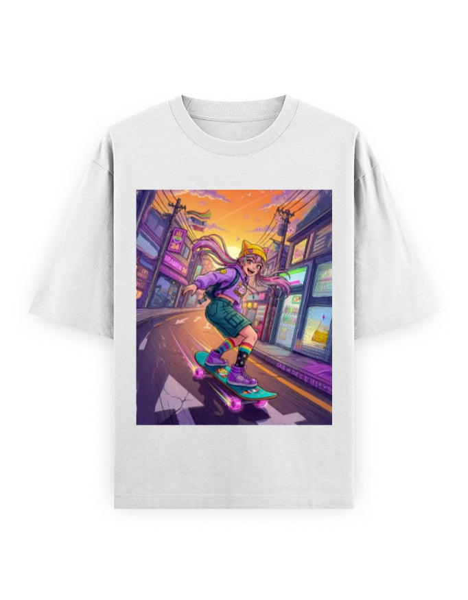 White oversized unisex T-shirt with purple skate graphic on front