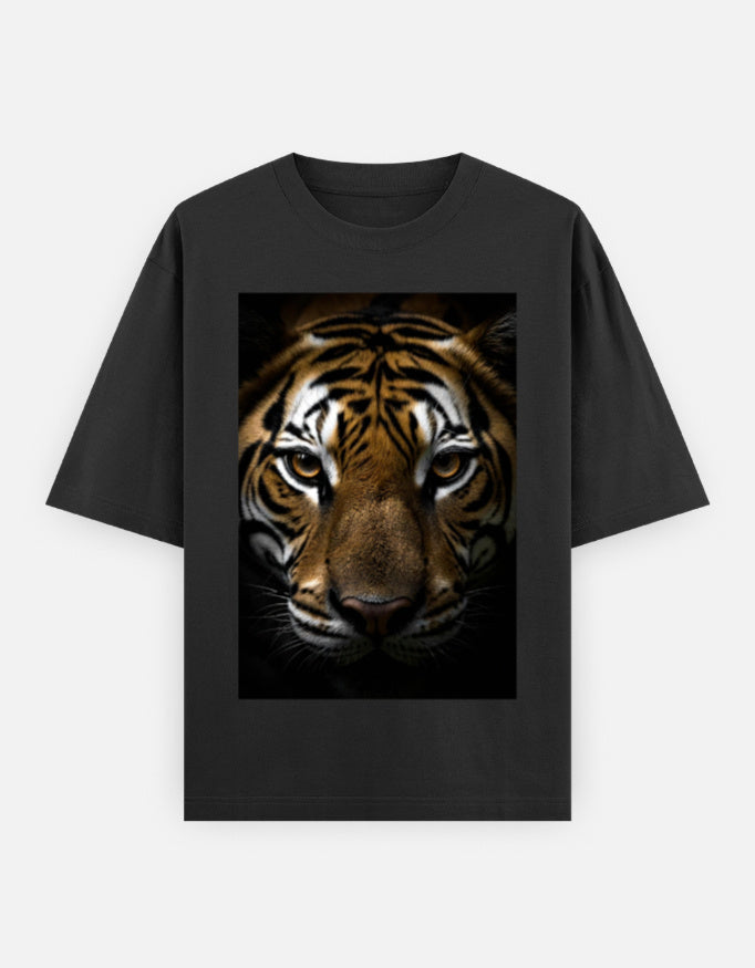 Black oversized graphic T-shirt with tiger face print