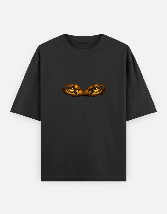 Black oversized classic T-shirt with tiger eyes graphic on chest.