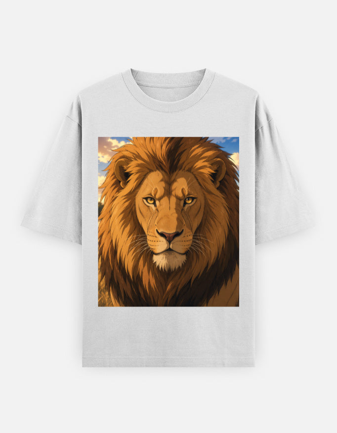White oversized unisex T-shirt with centered anime lion portrait graphic