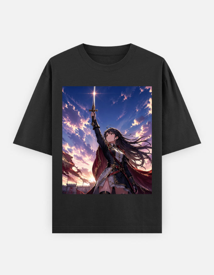 Black unisex oversized t-shirt with square anime-style warrior graphic on front