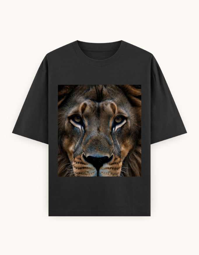 Black oversized unisex t-shirt with square lion face graphic