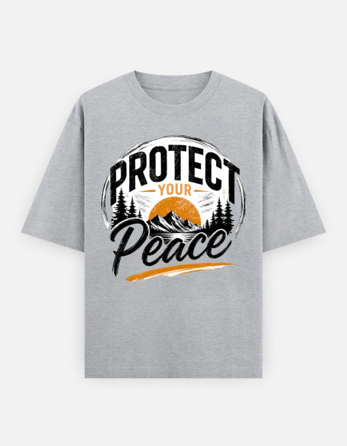 Grey melange oversized unisex T-shirt with front peace graphic and crew neckline