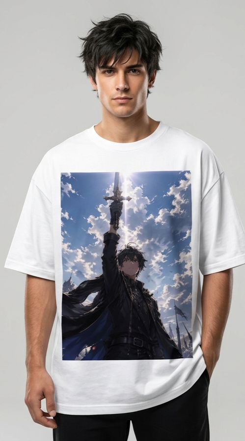 White oversized unisex T-shirt worn by model, front square graphic print