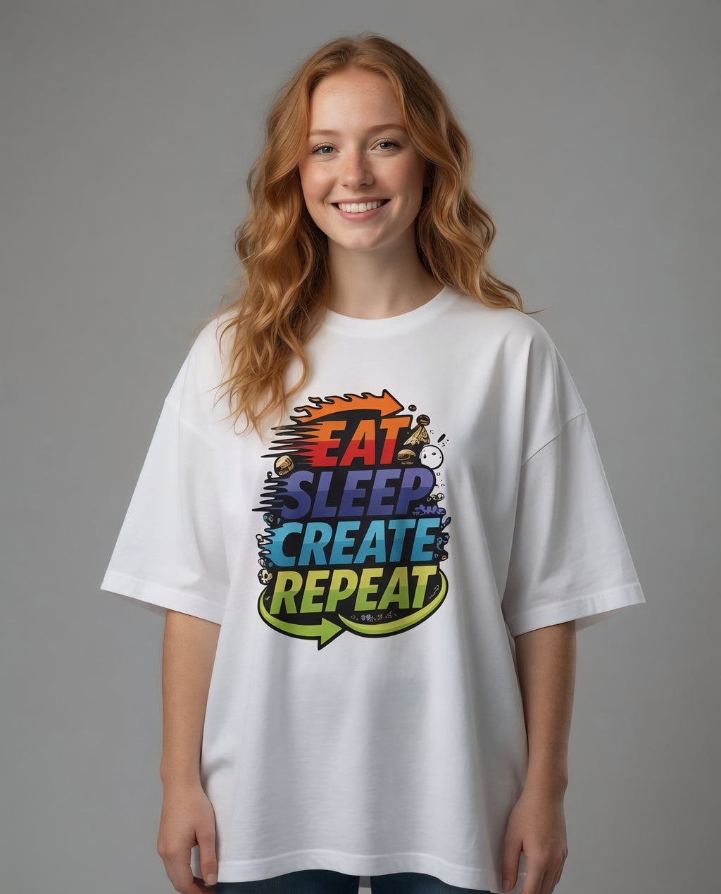 White oversized unisex T-shirt with front slogan graphic on a model, crew neck.